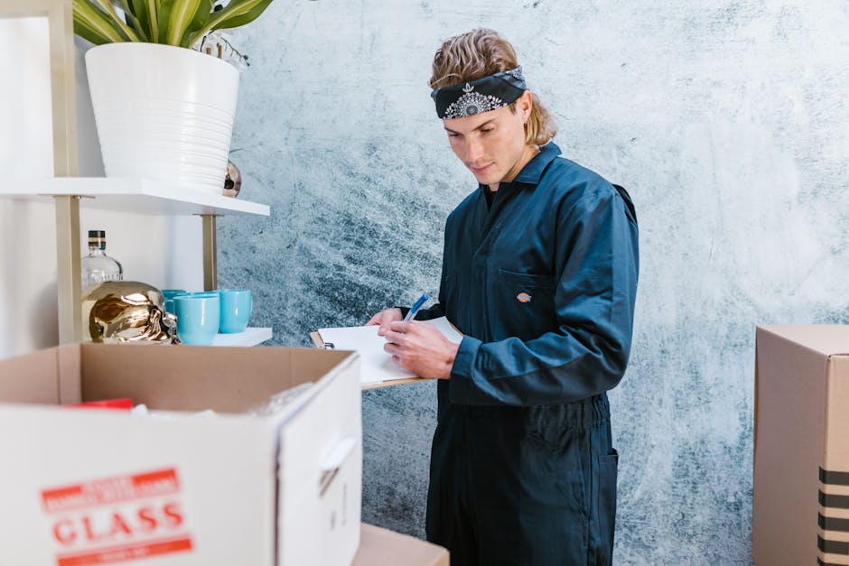 A young man wearing a black bandana, navy blue jumpsuit, and holding a pen is standing inside a room near a cardboard box filled with packing materials. The box contains various items, possibly househ